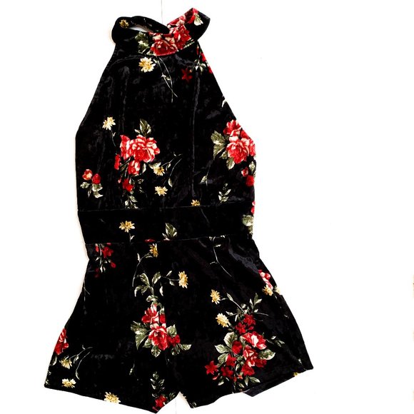 Audrey 3+1 Pants - black velvet backless romper w/red rose detail